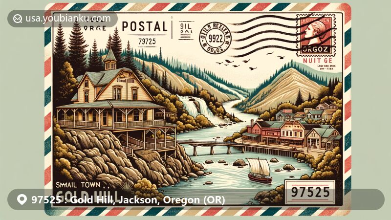 Modern illustration of Gold Hill, Jackson County, Oregon, highlighting the Rogue River and postal theme with ZIP code 97525. Features nods to gold mining history, Oregon Vortex, and Nugget Falls.