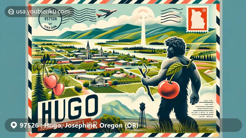 Modern illustration of Hugo, Josephine, Oregon (OR), showcasing lush green landscapes, cherry orchards, and Grants Pass Caveman statue, echoing the area's historical significance and community spirit.