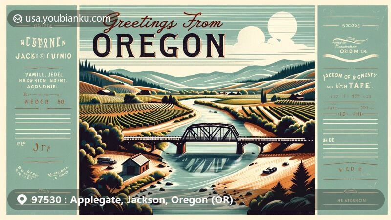 Modern illustration of Applegate area in Jackson County, Oregon, featuring the serene Applegate River and historic McKee Bridge, surrounded by the picturesque landscape of Applegate Valley with vineyards and a sunny sky, embodying warm-summer Mediterranean climate.