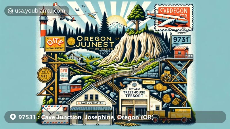 Modern illustration of Cave Junction, Oregon, representing ZIP code 97531, blending historical, natural, and postal elements, featuring Oregon Caves National Monument, Out’n’About treehouse treesort, gold mining motifs, and postal symbols like airmail envelope, vintage stamp, postal mark, and mailbox.