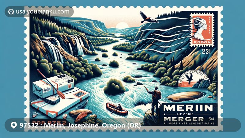 Vibrant illustration of Merlin, Oregon, with Rogue River, Hellgate Canyon, and postal elements, showcasing ZIP code 97532 and adventurous spirit.