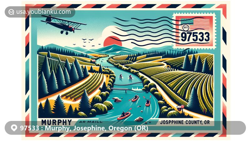 Modern illustration of Murphy, Josephine County, Oregon, highlighting Applegate Valley's wine culture at Red Lily Vineyards, with biking and hiking trails, the Applegate River for fishing and rafting, and a postal theme with ZIP code 97533.