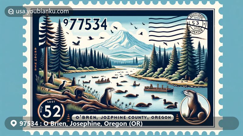 Artistic representation of O'Brien area in Josephine County, Oregon, depicting ZIP code 97534 with the Illinois River, dense forests, coniferous trees, local wildlife, and Mount McLoughin in the background.