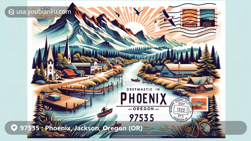Modern illustration of Phoenix, Oregon, Jackson County, highlighting the scenic Cascade Mountains, small-town charm, outdoor activities like hiking and fishing, diverse community vibes, and cultural heritage. Featuring a creatively designed postcard with a stamp, postmark, and ZIP code 97535.