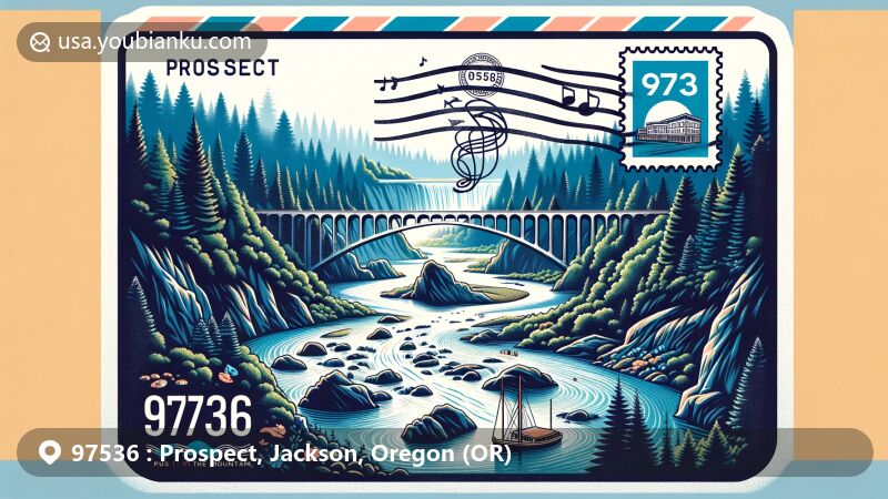 Modern illustration of Prospect, Oregon, capturing the essence of the area with Rogue River, Natural Bridge, Peyton Bridge, and Rogue River Gorge, featuring Music in the Mountains festival elements and a postal theme with ZIP code 97536.
