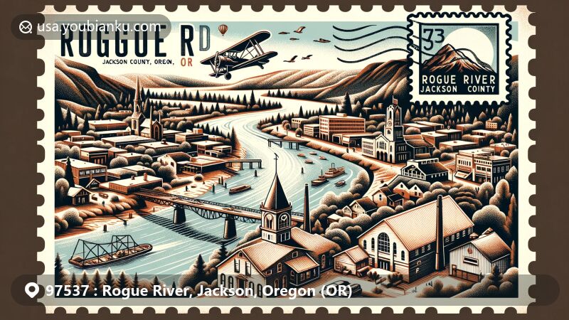 Modern illustration of Rogue River, Oregon, showcasing geographical significance with flowing river, climate representation including warm summers and mild winters, historical elements like Woodville Museum and Old Woodville Jail, and postal theme with vintage airmail envelope and ZIP code 97537.
