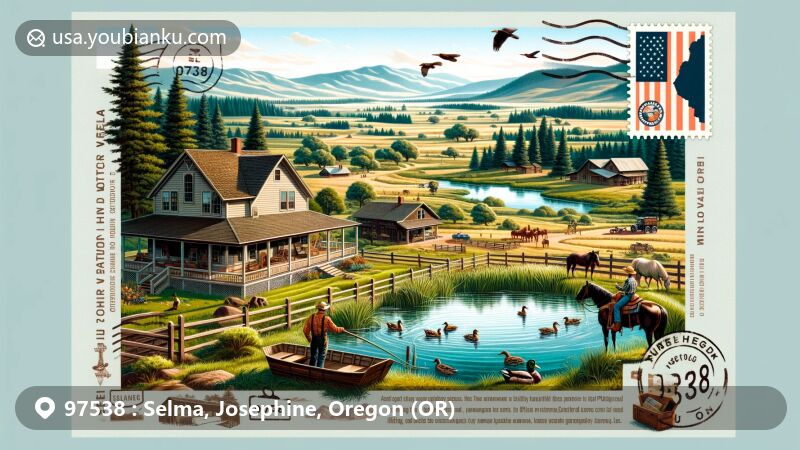 Modern illustration of Selma, Josephine County, Oregon, depicting rural landscape with ranch-style home, outdoor activities like hiking and fishing, and Oregon state flag stamp with ZIP code 97538.