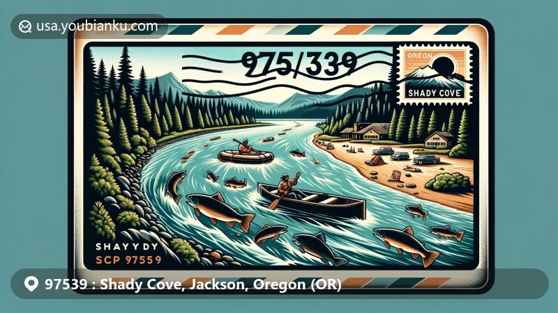 Modern illustration of Shady Cove, Oregon, showcasing postal theme with ZIP code 97539, featuring Rogue River, salmon jumping, rafting, community with pine trees, mountains, '97539 Shady Cove, OR' text, Crater Lake stamp, and 'Shady Cove, OR - The Jewel of the Upper Rogue' postmark.