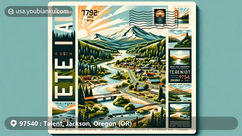 Modern illustration of Talent, Oregon, focusing on ZIP code 97540, showcasing Rogue River Valley near Siskiyou Mountains, Wagner Creek, and Bear Creek Greenway.