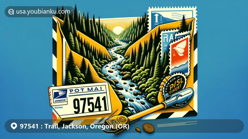 Modern illustration of Trail, Oregon, ZIP code 97541, featuring the Rogue River meandering through dense forests, with postal elements like air mail envelope and stamps integrated.