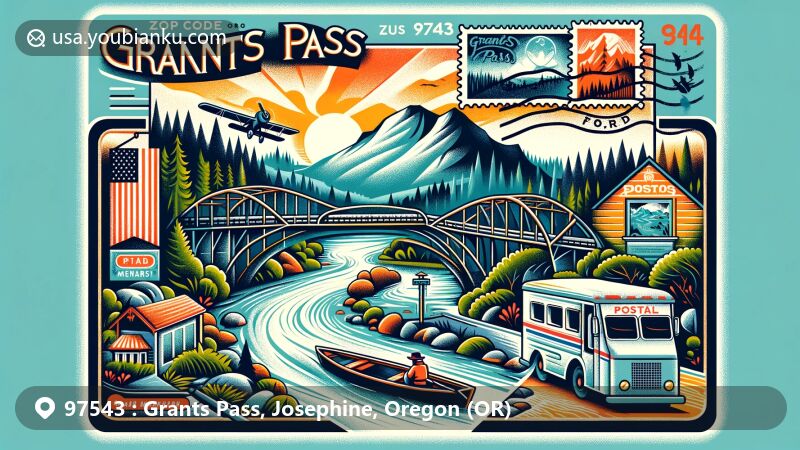 Modern illustration of Grants Pass, Oregon, highlighting postal features with ZIP code 97543, showcasing Caveman Bridge and Rogue River.