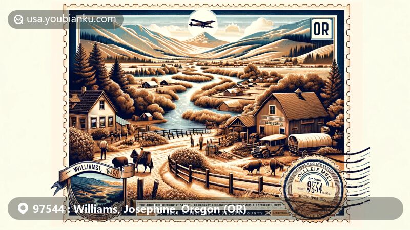 Modern illustration of Williams, Josephine County, Oregon, capturing tranquil rural setting with Applegate Valley, Siskiyou Mountains, and Williams Creek, showcasing artistic and musical culture, seasonal colors, outdoor activities, and postal heritage with ZIP code 97544.