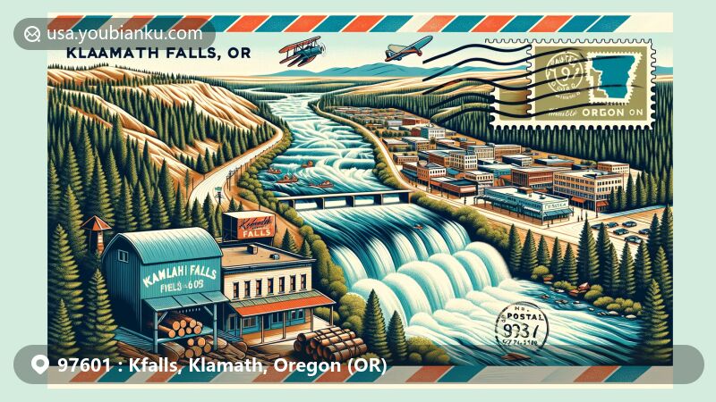 Detailed modern illustration of Klamath Falls, Oregon, with a postal theme for ZIP code 97601, highlighting Link River rapids, city layout, timber industry, and Native American cultural motifs.