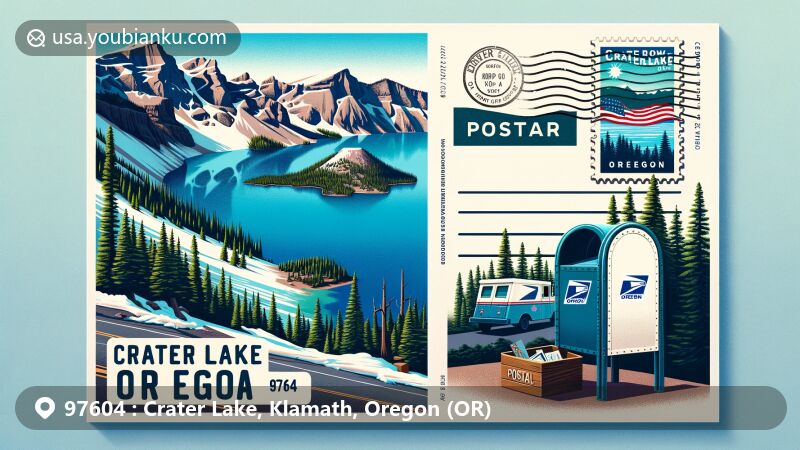 Modern illustration of Crater Lake, Oregon, showcasing the deep blue waters against the Cascade Mountain Range, adorned with postal symbols of communication, including postmark, mailbox, and postal truck, complemented by Oregon state flag.