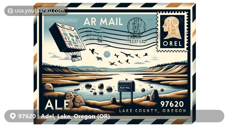 Modern illustration of Adel, Lake County, Oregon, highlighting postal theme with ZIP code 97620, featuring Greaser Petroglyph Site, Oregon landscape, and state flag.
