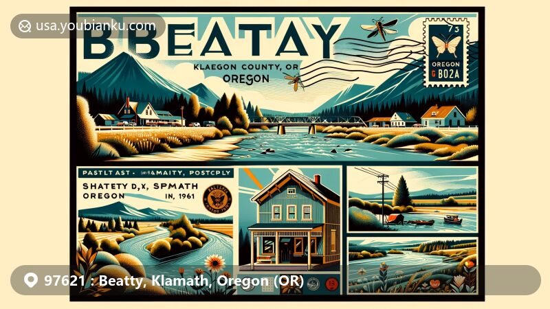 Modern illustration of Beatty, Klamath County, Oregon, showcasing rural charm along Oregon Route 140 at the confluence of Sycan and Sprague rivers, with local flora and fauna, vintage postcard design, ZIP code 97621, and nods to postal history.