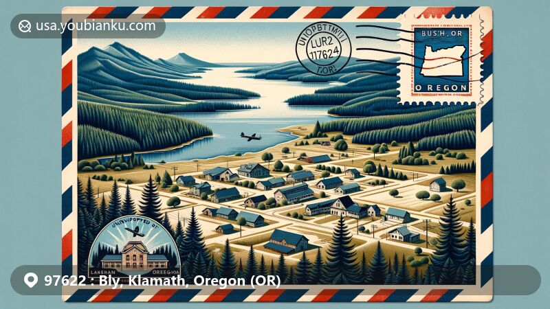 Modern illustration of Bly, Oregon, showcasing postal theme with ZIP code 97622, featuring natural beauty, rural characteristics, and Oregon state symbols.