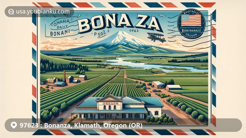 Modern illustration of Bonanza, Oregon, featuring vintage air-mail envelope with postal code 97623, showcasing agricultural heritage and idyllic Lost River, integrated with Oregon state flag elements.