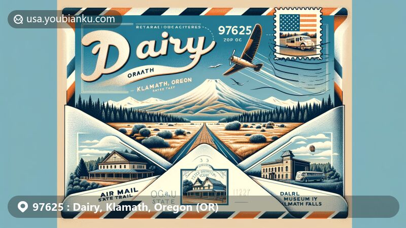 Modern illustration of Dairy, Klamath, Oregon, combining postal and regional elements with ZIP code 97625, showcasing OC&E Woods Line State Trail and Favell Museum.