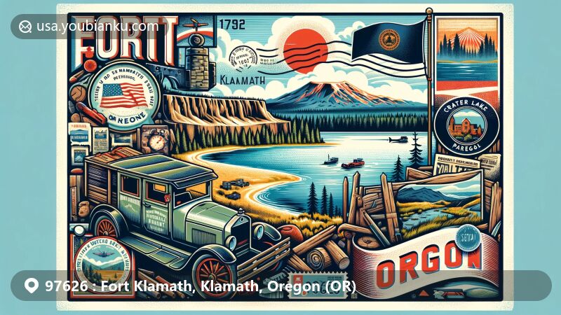 Modern illustration of Fort Klamath, Oregon, showcasing historical and natural beauty with postcard of Fort Klamath and Crater Lake National Park, surrounded by Oregon state symbols and ZIP code 97626.