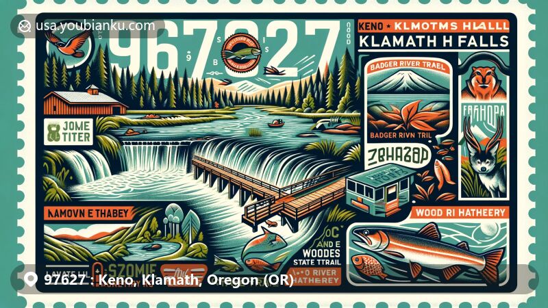 Modern illustration of Keno area in Klamath County, Oregon, highlighting iconic landmarks and elements around Klamath Falls with Link River Trail, Badger Run Wildlife Rehab, OC and E Woods Line State Trail, Klamath Fish Hatchery, Wood River Wetland, and Lava Beds National Monument.
