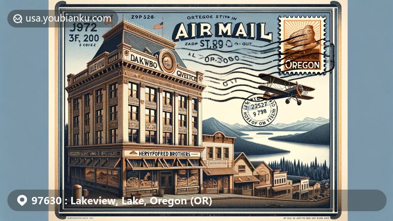 Vintage-style illustration of Lakeview, Oregon, featuring a detailed air mail envelope with landmarks like the Heryford Brothers Building and Warner Mountains, showcasing the town's 'Tallest Town in Oregon' title at 4,798 feet.