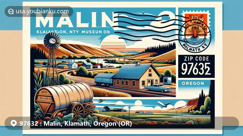 Modern illustration of Malin, Klamath County, Oregon, capturing the essence of a quaint, friendly farming community with picturesque landscape of rolling hills, lush greenery, and clear skies.
