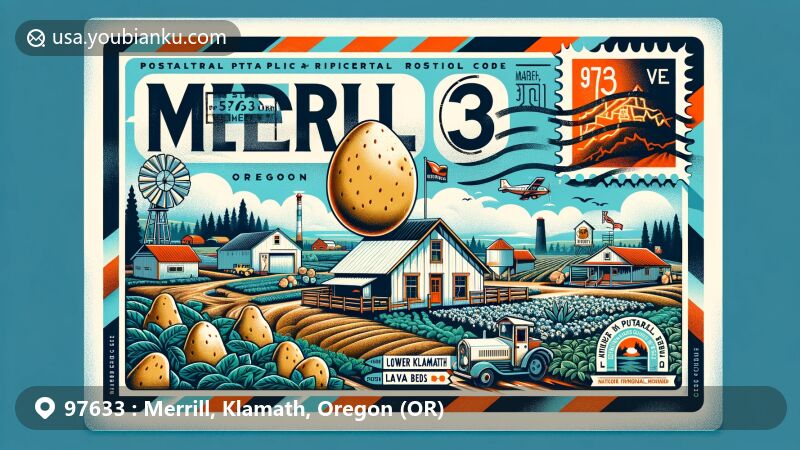 Modern illustration of Merrill, Oregon, in Klamath County, highlighting ZIP code 97633, showcasing the Potato Festival, agricultural fields, Lower Klamath National Wildlife Refuge, and Lava Beds National Monument.