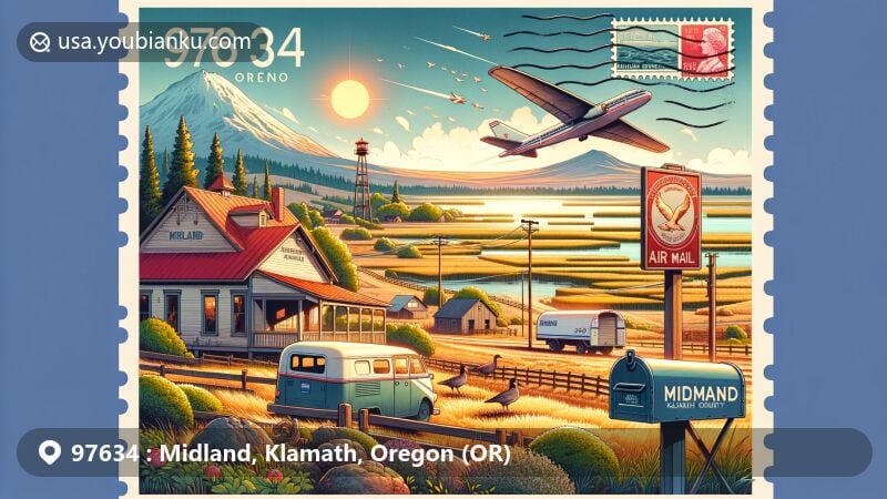 Modern illustration of Midland, Klamath County, Oregon, highlighting ZIP code 97634 with rural post office, classic mailbox, and air mail envelope, surrounded by agricultural landscape, marshes, and warm Mediterranean climate hints.