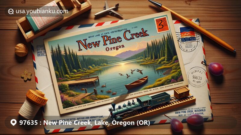 Modern illustration of New Pine Creek, Oregon, portraying postal theme with vintage airmail envelope and postcard of Goose Lake State Recreation Area, featuring Lake County Railroad, pine tree branches, and plums from Stringer's Orchard Winery.