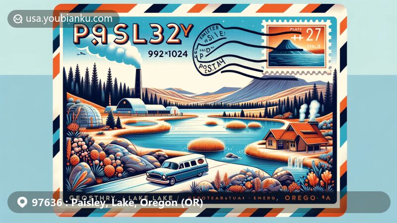 Modern illustration of Paisley, Lake, Oregon, with postal theme showcasing geothermal energy and Summer Lake Hot Springs, capturing steppe climate and local charm.