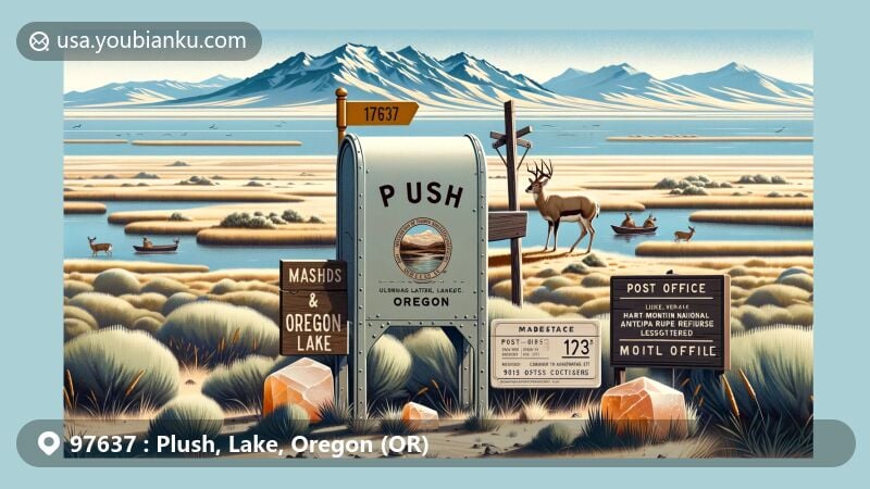 Artistic depiction of Plush area in Lake County, Oregon, with Warner Wetlands and Warner Mountains, showcasing rustic mailbox with ZIP code 97637, Hart Mountain National Antelope Refuge, grazing antelopes, and glittering Oregon Sunstones.