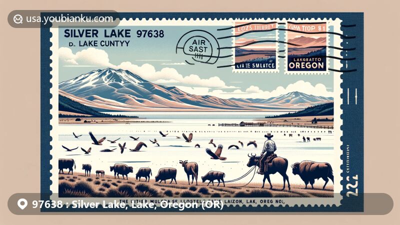 Modern illustration of Silver Lake, Lake County, Oregon, showcasing postal theme with ZIP code 97638, featuring alkali flats, Flat Top Mountain, cowboy herding cattle, and wildlife such as mule deer and eagles.