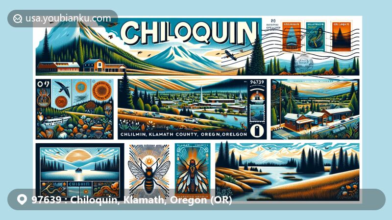 Modern illustration of Chiloquin, Klamath, Oregon (OR), capturing the essence of the 97639 ZIP Code area with scenic views, local wildlife like the Klamath Midge, and a nod to Native American heritage.