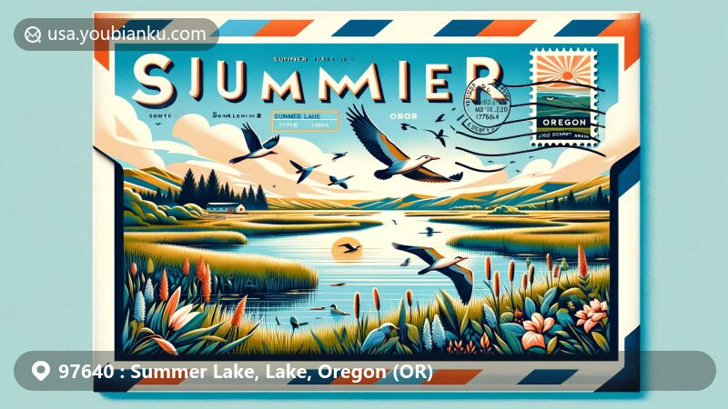 Modern illustration of Summer Lake, Lake County, Oregon, depicting airmail envelope with wetlands, wildlife, and high desert landscape, featuring birds in flight, state flag, and postal elements.