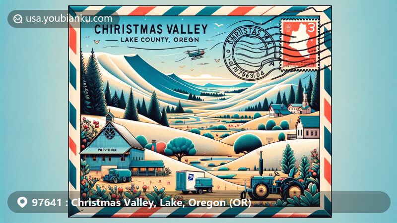 Modern illustration of Christmas Valley, Lake County, Oregon, featuring Christmas Valley Sand Dunes, Fort Rock, and local farming activities, with a postal-themed frame highlighting holiday street names like Candy Lane and Mistletoe Road.