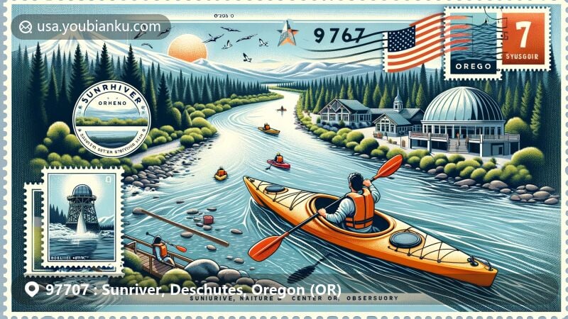 Modern illustration of Sunriver, Deschutes County, Oregon, featuring kayaking on the Deschutes River, Sunriver Nature Center & Observatory, and Oregon state flag.