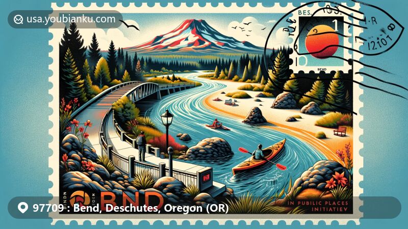 Modern illustration of Bend, Oregon, showcasing postal theme with elements representing the Deschutes River, Newberry National Volcanic Monument, and Art in Public Places initiative.