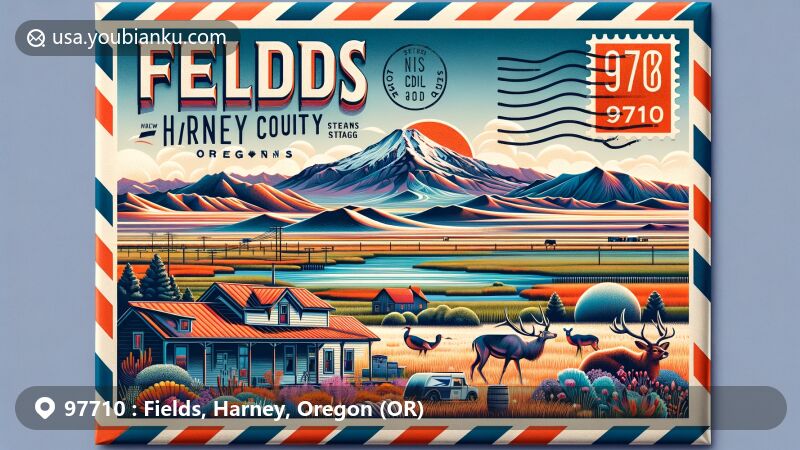 Modern illustration of Fields, Harney County, Oregon, showcasing postal theme with ZIP code 97710, featuring Alvord Desert, Steens Mountain, local wildlife, Fields Station, and Oregon state flag.
