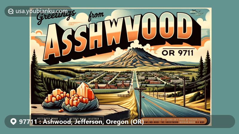 Modern illustration of Ashwood, Oregon 97711, featuring Ash Butte, fossil wood, thundereggs, Oregon King Mine, and Jefferson County's scenic landscapes.