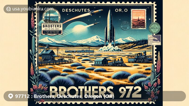 Modern illustration of Brothers, Deschutes County, Oregon, featuring Oregon high desert backdrop with Cascade Range silhouettes, model rocket launching, and Brothers Stage Stop, emphasizing outdoor activities, natural beauty, local culture, and postal theme.