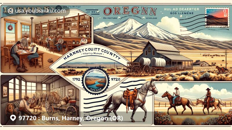 Modern illustration of Burns, Harney County, Oregon, designed as a vintage postcard with elements like Harney County Historical Museum, Steens Mountain, and rodeo scenes, capturing the area's history and natural beauty.