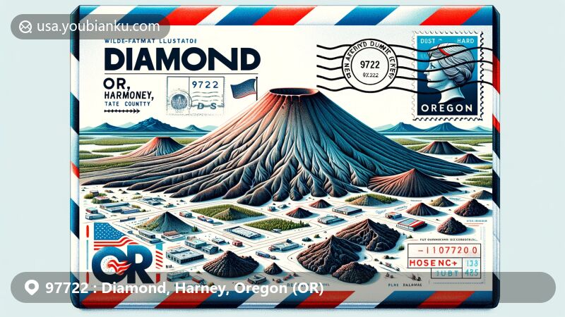 Modern illustration of Diamond, Harney County, Oregon, highlighting ZIP code 97722 and volcanic landscape with basaltic features of Diamond Craters, incorporating Oregon state flag and Harney County outline.