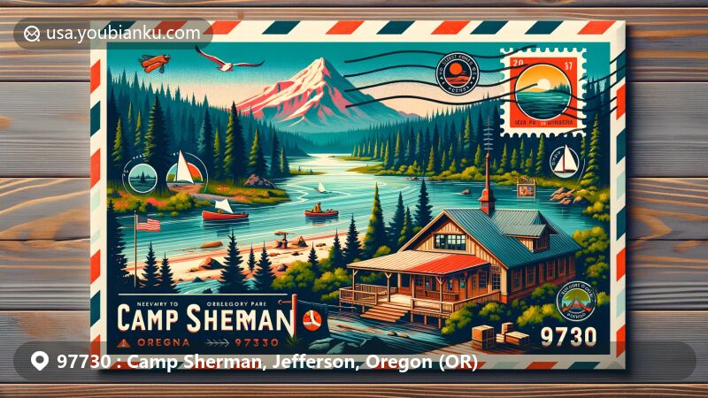 Modern illustration of Camp Sherman, Oregon, featuring ZIP code 97730, showcasing outdoor activities and scenic beauty, with Metolius River, Mt. Jefferson, and Camp Sherman Community Hall.