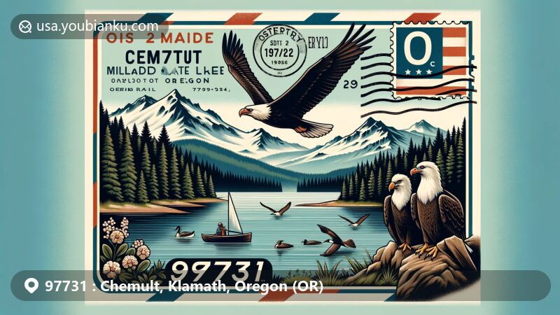 Modern illustration of Chemult area in Oregon, featuring snowy Cascade Range Mountains, Miller Lake hiking trail, and local wildlife like ospreys and eagles, with vintage air mail envelope and postcard of Chemult with ZIP code 97731.