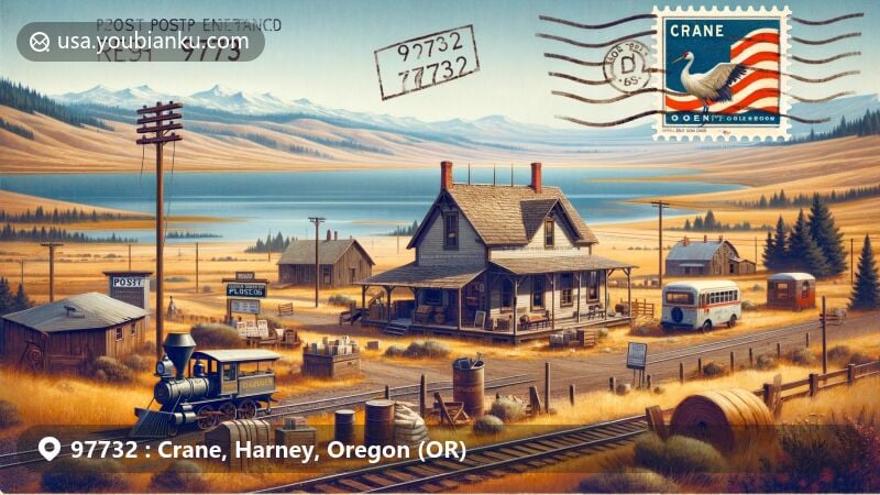 Modern illustration of Crane, Harney County, Oregon, capturing the pastoral beauty and historical postal themes with a vintage post office scene, showcasing Malheur Lake in the background.