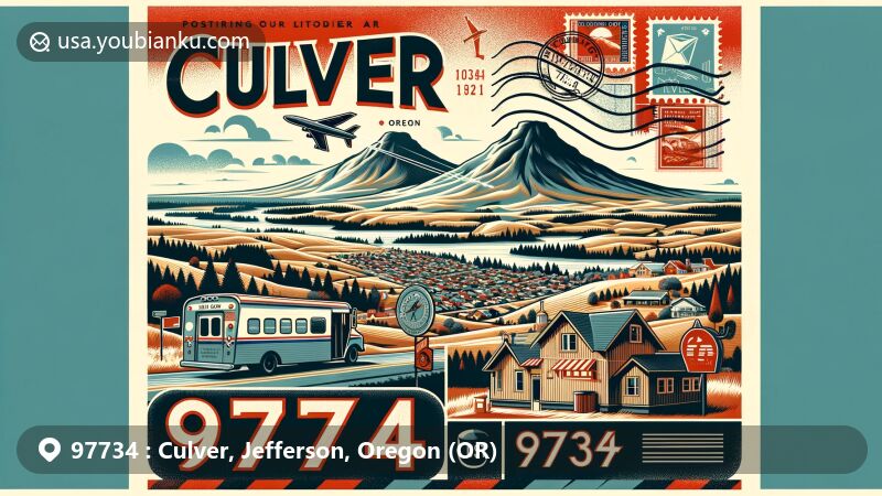 Modern illustration of Culver, Jefferson County, Oregon, accentuating postal theme with ZIP code 97734, featuring aerial view from Round Butte and vintage postcard design.