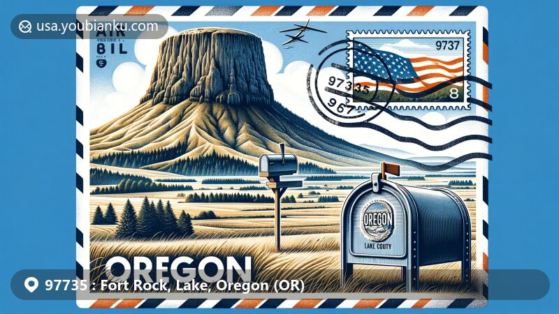 Modern illustration of Fort Rock, Oregon, showcasing airmail theme with ZIP code 97735, featuring unique landscape and postal elements.