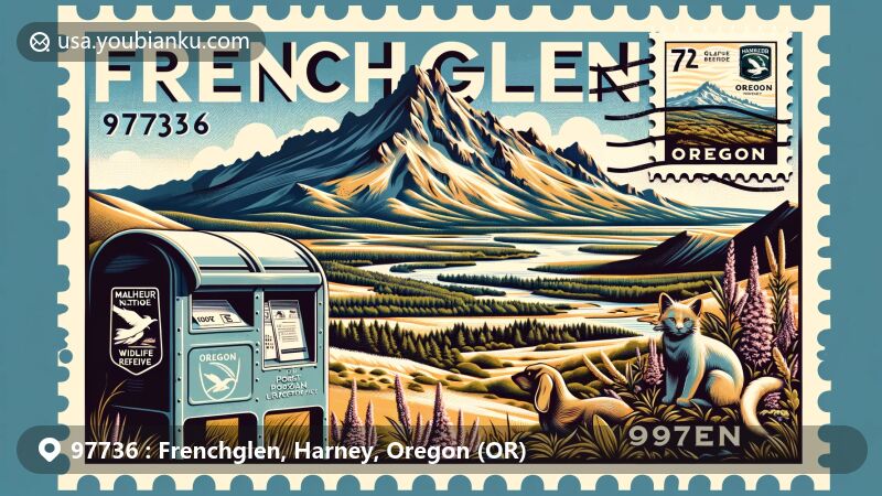 Modern illustration of Frenchglen, OR, showcasing postal theme with ZIP code 97736, featuring Steens Mountain and Malheur National Wildlife Refuge.