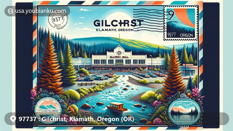 Modern illustration of Gilchrist, Klamath, Oregon, with ZIP code 97737, showcasing Gilchrist Mall as a symbol of the town's lumber company history and East Cascade's first mall. Surrounding forests, river, and blue sky capture the natural beauty, harmonized with vintage postal elements.